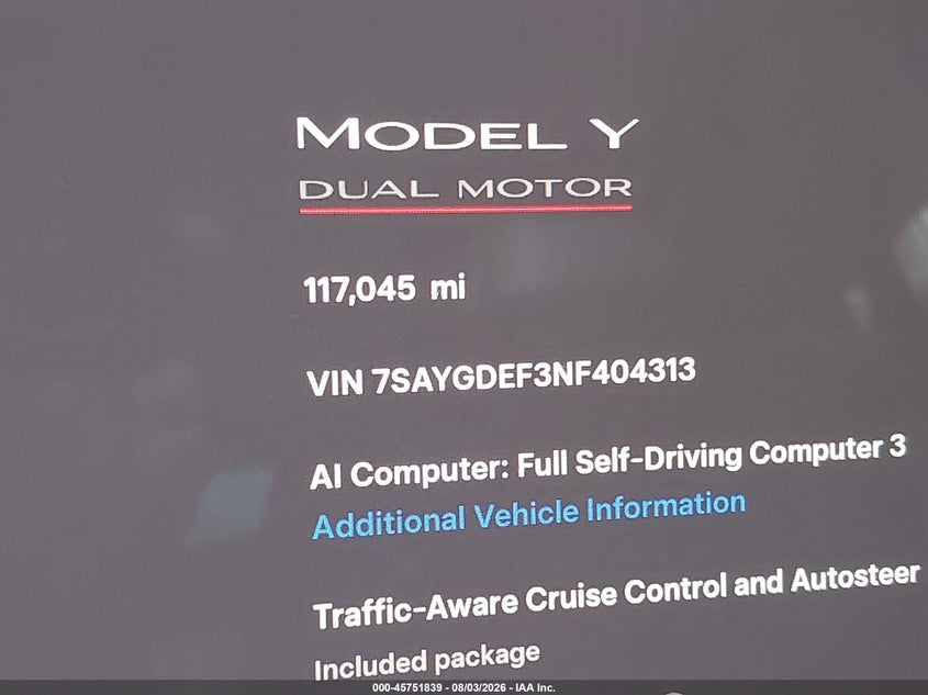 2022 Tesla Model y VIN 7SAYGDEF3NF404313 IAAI salvage auction — REAR END, Rebuildable (Florida), sold $7,600 on 2026-08-30 (photo 7)