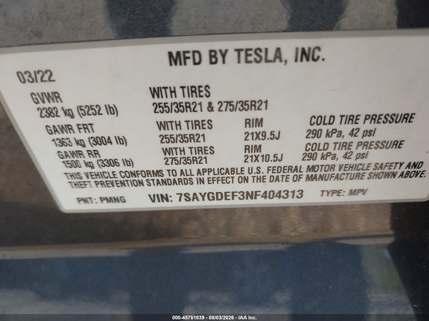2022 Tesla Model y VIN 7SAYGDEF3NF404313 IAAI salvage auction — REAR END, Rebuildable (Florida), sold $7,600 on 2026-08-30 (photo 9)