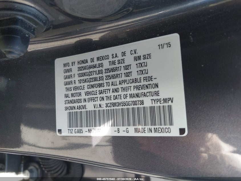 2016 Honda Cr-v VIN 3CZRM3H55GG700738 IAAI salvage auction — LEFT FRONT, Salvage Title, sold $6,600 on 2026-09-03 (photo 9)