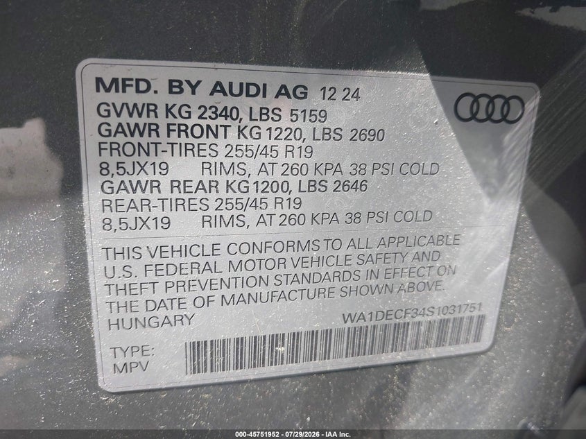 2025 Audi Q3 VIN WA1DECF34S1031751 IAAI salvage auction — LEFT FRONT, Salvage Title, sold $17,775 on 2026-08-20 (photo 9)
