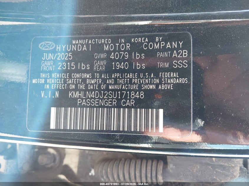 2025 Hyundai Elantra VIN KMHLN4DJ2SU171848 IAAI salvage auction — RIGHT SIDE, Salvage Title, sold $15,600 on 2026-08-22 (photo 9)