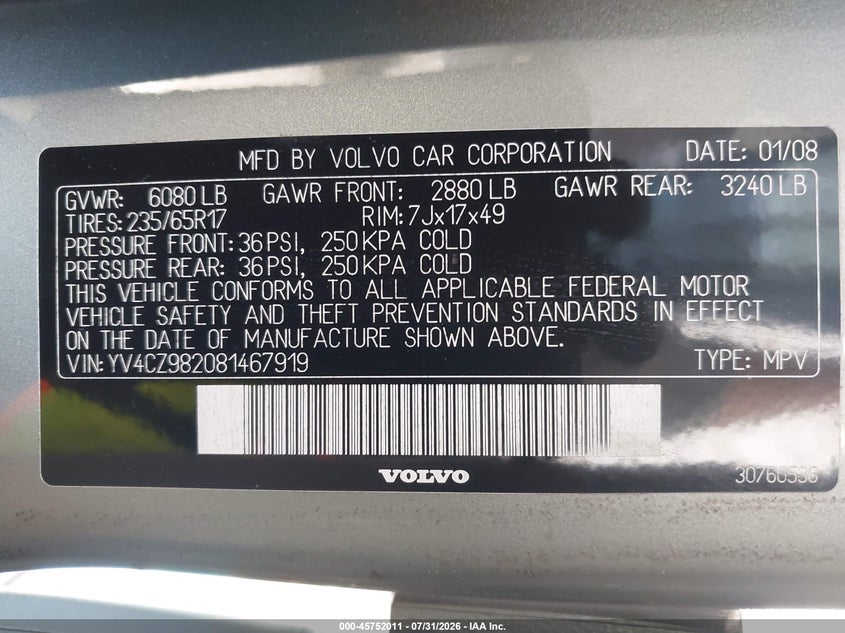 2008 Volvo Xc90 VIN YV4CZ982081467919 IAAI salvage auction — NORMAL WEAR, Clear (Pennsylvania), sold $600 on 2026-08-05 (photo 9)