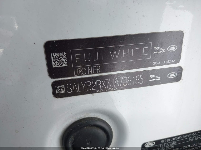 2018 Land rover Range rover velar VIN SALYB2RX7JA736155 IAAI salvage auction — BIOHAZARD/CHEMICAL, Wait Title, sold $2,250 on 2026-09-06 (photo 9)