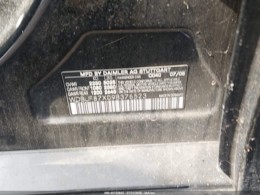 2009 Mercedes-benz E-class VIN WDBUF87X09B376523 IAAI salvage auction — NORMAL WEAR, Clear (Tennessee), sold $525 on 2026-08-13 (photo 9)