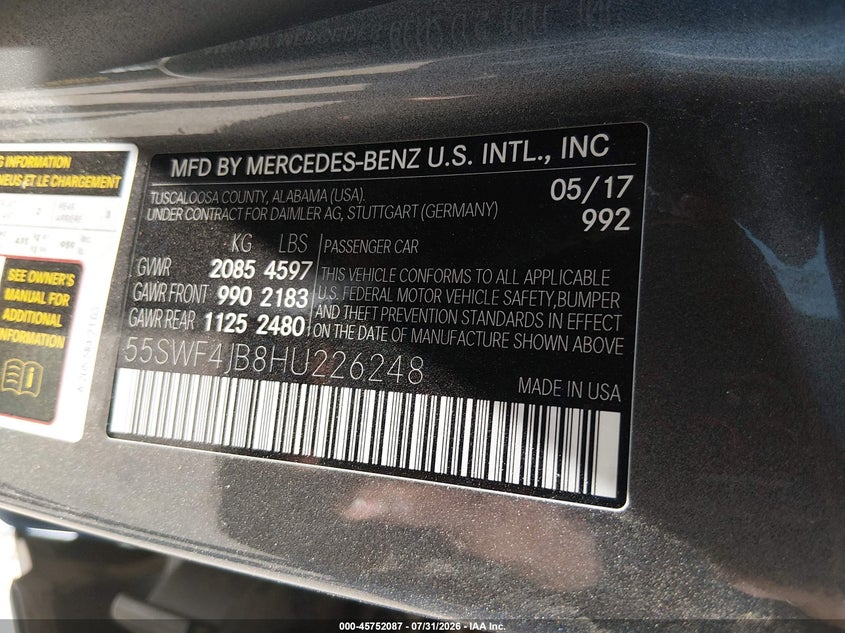 2017 Mercedes-benz C-klasse VIN 55SWF4JB8HU226248 IAAI salvage auction — REAR END, Salvage Title, sold $1,450 on 2026-08-28 (photo 9)