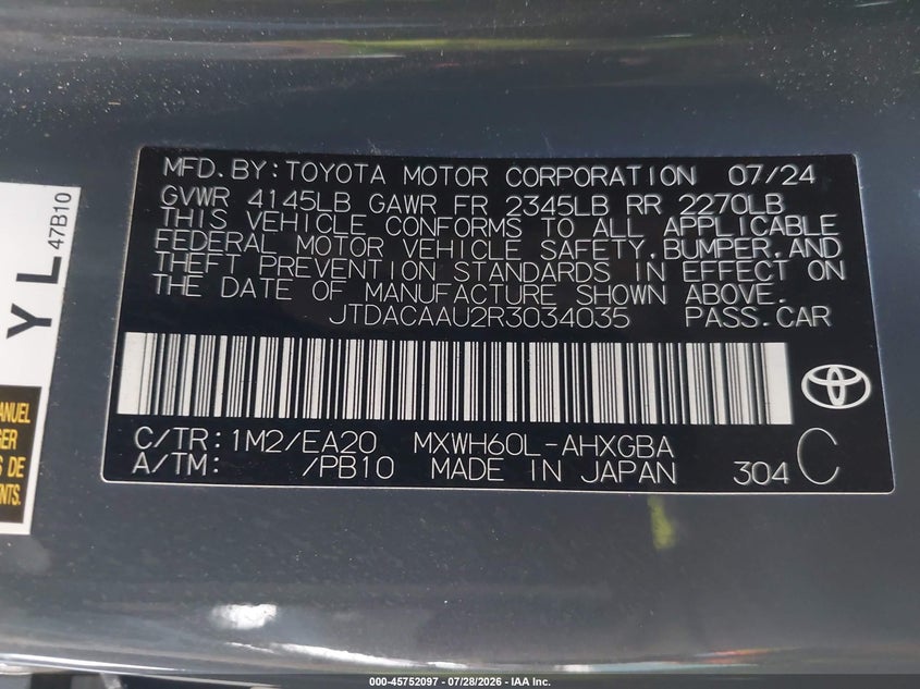 2024 Toyota Prius VIN JTDACAAU2R3034035 IAAI salvage auction — REAR END, Wait Title, sold $13,500 on 2026-08-23 (photo 9)