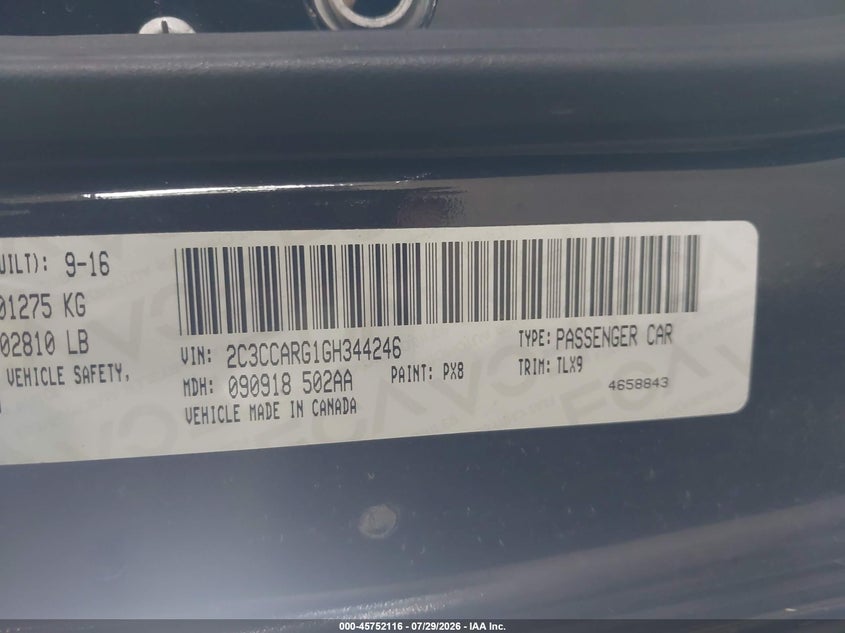 2016 Chrysler 300 VIN 2C3CCARG1GH344246 IAAI salvage auction — RIGHT FRONT, Wait Title, sold $1,750 on 2026-09-16 (photo 9)