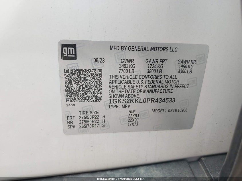 2023 Gmc Yukon VIN 1GKS2KKL0PR434533 IAAI salvage auction — RIGHT FRONT, Salvage Title, sold $26,200 on 2026-08-10 (photo 9)
