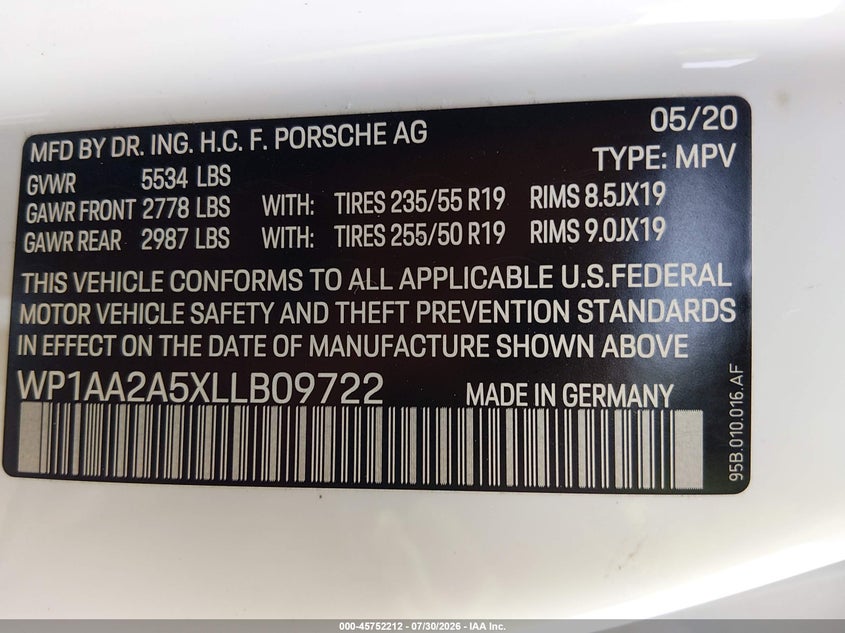 2020 Porsche Macan VIN WP1AA2A5XLLB09722 IAAI salvage auction — FRONT END, Wait Title, sold $8,400 on 2026-09-30 (photo 9)