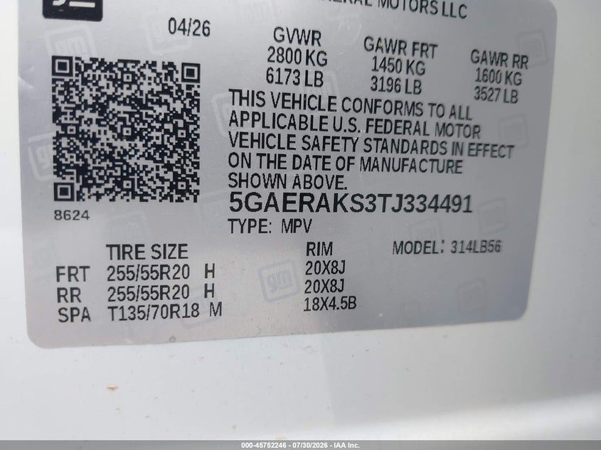 2026 Buick Enclave VIN 5GAERAKS3TJ334491 IAAI salvage auction — NORMAL WEAR, Salvage Title, sold $8,450 on 2026-08-27 (photo 9)