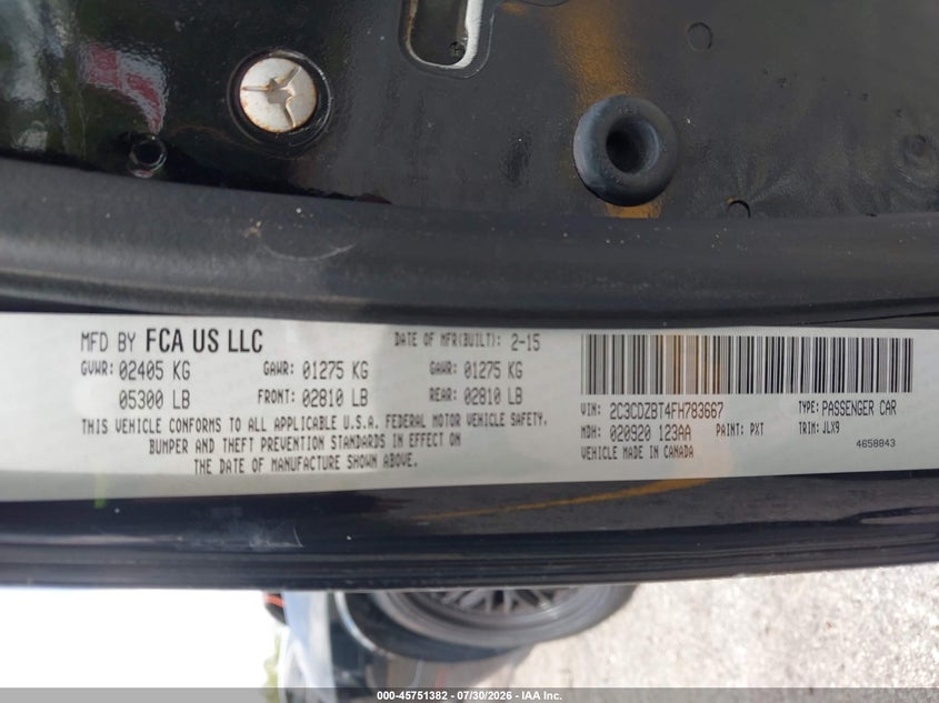 2015 Dodge Challenger VIN 2C3CDZBT4FH783667 IAAI salvage auction — REAR END, Wait Title, sold $5,000 on 2026-09-20 (photo 9)