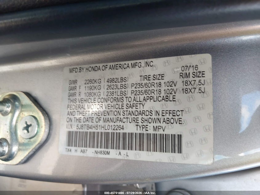 2017 Acura Rdx VIN 5J8TB4H51HL012264 IAAI salvage auction — FRONT END, Salvage Title, sold $2,975 on 2026-09-10 (photo 9)
