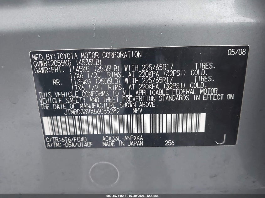 2008 Toyota Rav4 VIN JTMBD33VX86085282 IAAI salvage auction — NORMAL WEAR, Clear (Connecticut), sold $1,200 on 2026-08-02 (photo 9)
