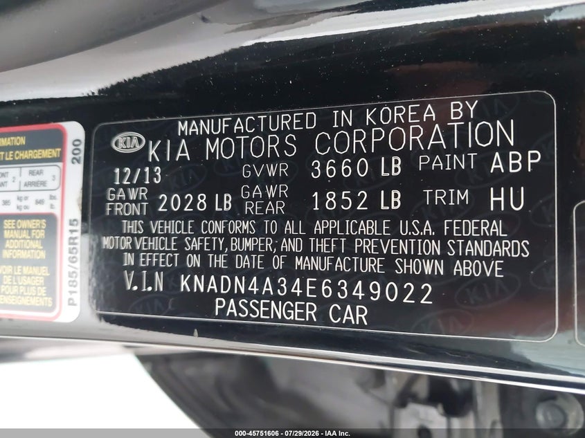 2014 Kia Rio VIN KNADN4A34E6349022 IAAI salvage auction — NORMAL WEAR, Clear (Florida), sold $700 on 2026-08-02 (photo 9)