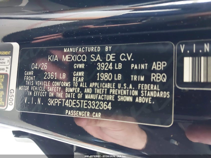 2026 Kia K4 VIN 3KPFT4DE5TE332364 IAAI salvage auction — REAR END, Salvage Title, sold $6,975 on 2026-09-05 (photo 9)