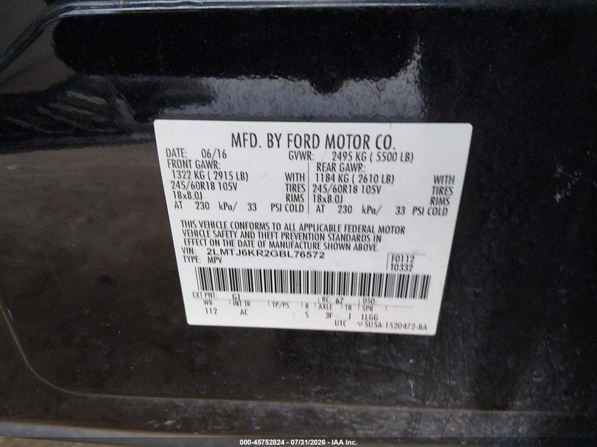2016 Lincoln Mkx VIN 2LMTJ6KR2GBL76572 IAAI salvage auction — FRONT END, Wait Title, sold $650 on 2026-09-22 (photo 9)