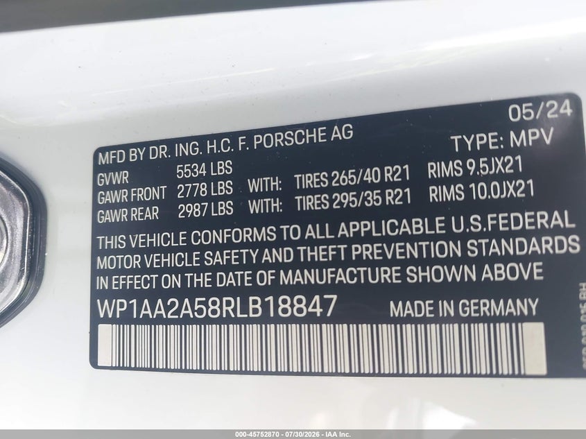 2024 Porsche Macan VIN WP1AA2A58RLB18847 IAAI salvage auction — NORMAL WEAR, Clear (Colorado), sold $16,950 on 2026-08-10 (photo 9)