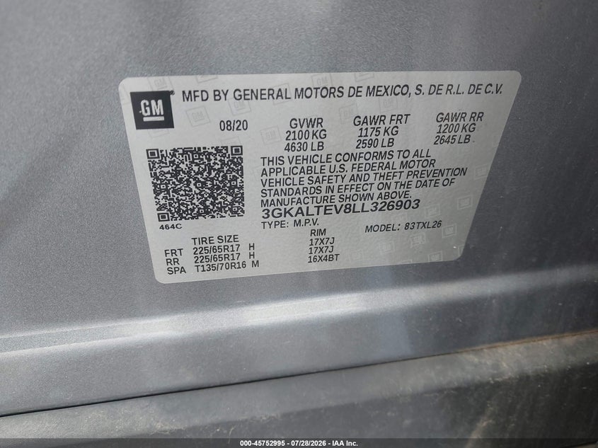 2020 Gmc Terrain VIN 3GKALTEV8LL326903 IAAI salvage auction — NORMAL WEAR, SF97 (Illinois), sold $0 on 2026-10-09 (photo 9)