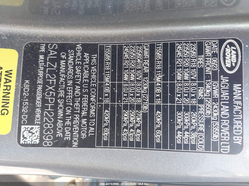 2023 Land rover Range rover evoque VIN SALZL2FX5PH228398 IAAI salvage auction — LEFT FRONT, Clear (Tennessee), sold $13,450 on 2026-09-23 (photo 9)