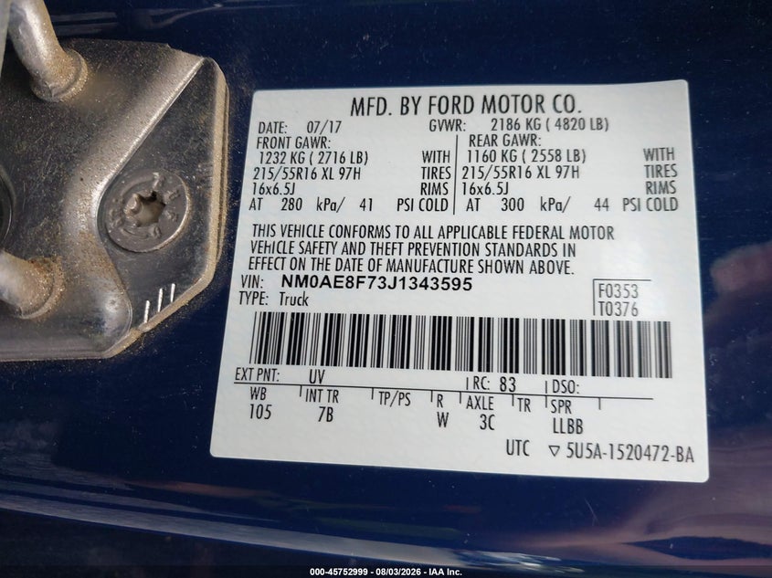 2018 Ford Transit connect VIN NM0AE8F73J1343595 IAAI salvage auction — NORMAL WEAR, Sf97 (New York), sold $12,000 on 2026-08-20 (photo 9)