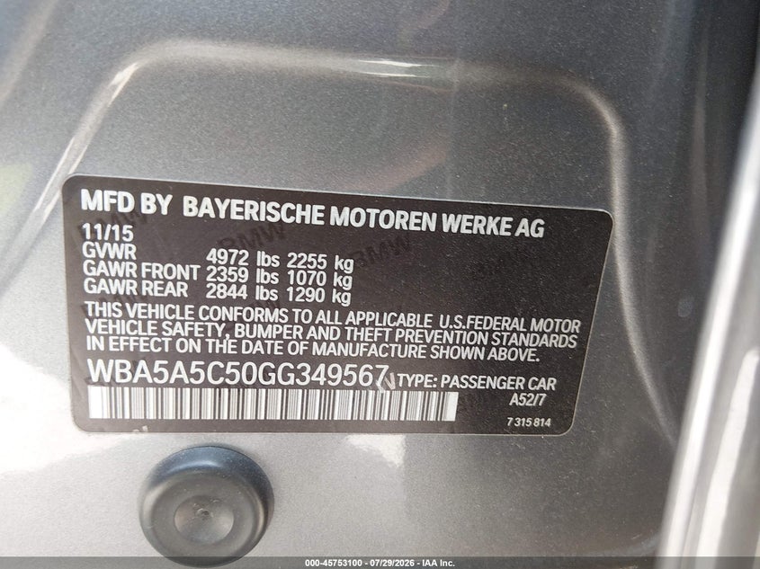 2016 BMW 5er VIN WBA5A5C50GG349567 IAAI salvage auction — NORMAL WEAR, Original (Texas), sold $1,500 on 2026-08-02 (photo 9)