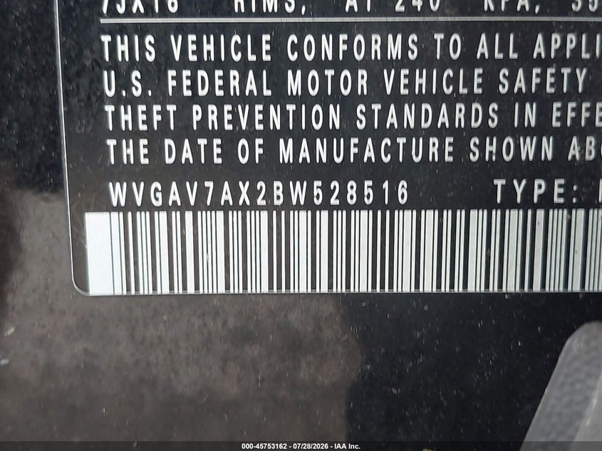 2011 Volkswagen Tiguan VIN WVGAV7AX2BW528516 IAAI salvage auction — NORMAL WEAR, Clear-Dealer Only (Maryland), sold $875 on 2026-08-06 (photo 9)