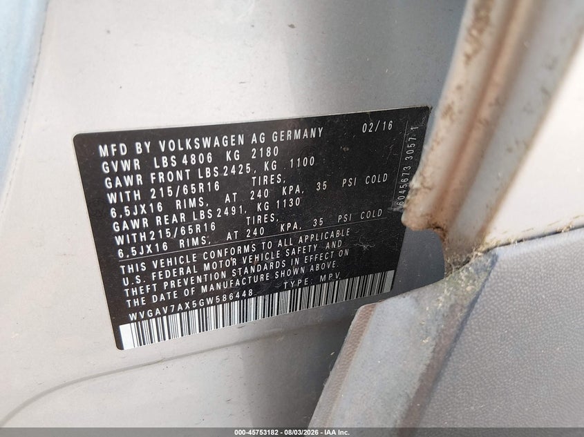 2016 Volkswagen Tiguan VIN WVGAV7AX5GW586448 IAAI salvage auction — NORMAL WEAR, Clear-Dealer Only (Oregon), sold $425 on 2026-08-06 (photo 9)