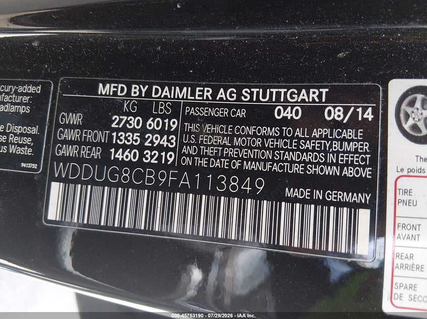 2015 Mercedes-benz S class VIN WDDUG8CB9FA113849 IAAI salvage auction — ALL OVER, Clear (Florida), sold $3,300 on 2026-08-03 (photo 9)