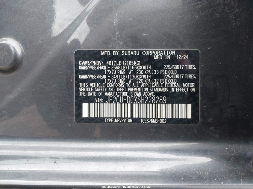 2025 Subaru Xv VIN JF2GUHDCXSH228289 IAAI salvage auction — LEFT SIDE, Salvage Title, sold $18,350 on 2026-08-21 (photo 9)