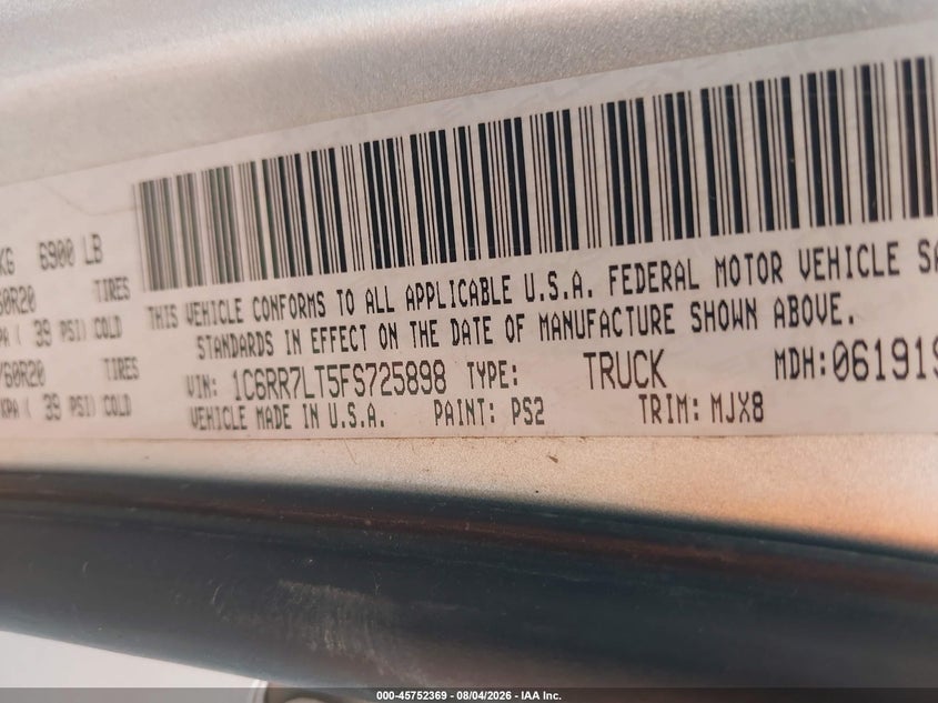 2015 Ram 1500 VIN 1C6RR7LT5FS725898 IAAI salvage auction — ROOF, Salvage Title, sold $4,600 on 2026-08-26 (photo 9)