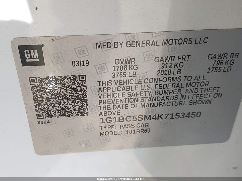 2019 Chevrolet Cruze VIN 1G1BC5SM4K7153450 IAAI salvage auction — WATER/FLOOD, Wait Title, sold $1,825 on 2026-09-29 (photo 9)