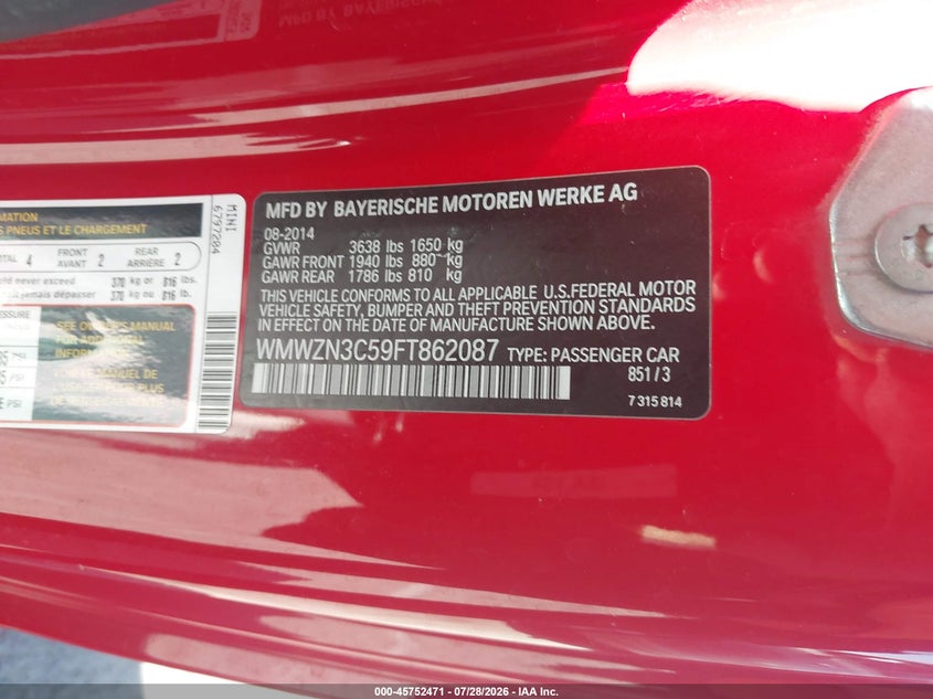 2015 Mini Convertible VIN WMWZN3C59FT862087 IAAI salvage auction — WATER/FLOOD, Wait Title, sold $25 on 2026-08-30 (photo 9)
