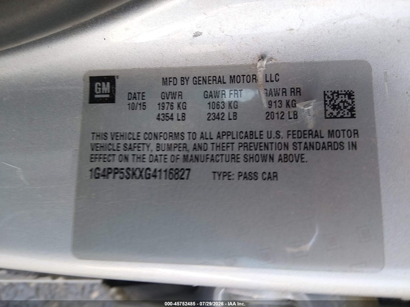 2016 Buick Verano VIN 1G4PP5SKXG4116827 IAAI salvage auction — REAR END, Wait Title, sold $1,100 on 2026-09-16 (photo 9)