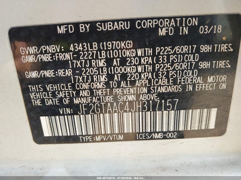2018 Subaru Xv VIN JF2GTAAC4JH317157 IAAI salvage auction — ROLLOVER, Salvage (North Carolina), sold $975 on 2026-09-04 (photo 9)