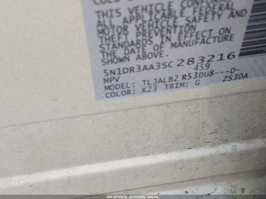 2025 Nissan Pathfinder VIN 5N1DR3AA3SC283216 IAAI salvage auction — FRONT END, Salvage Title, sold $8,100 on 2026-08-21 (photo 9)