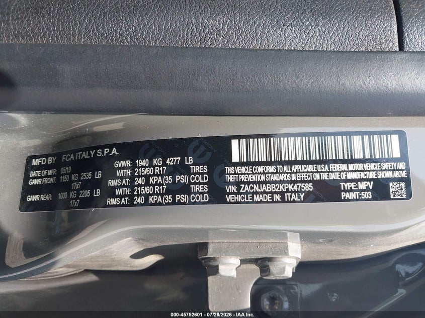 2019 Jeep Renegade VIN ZACNJABB2KPK47585 IAAI salvage auction — FRONT END, Clear (Florida), sold $2,925 on 2026-08-06 (photo 9)