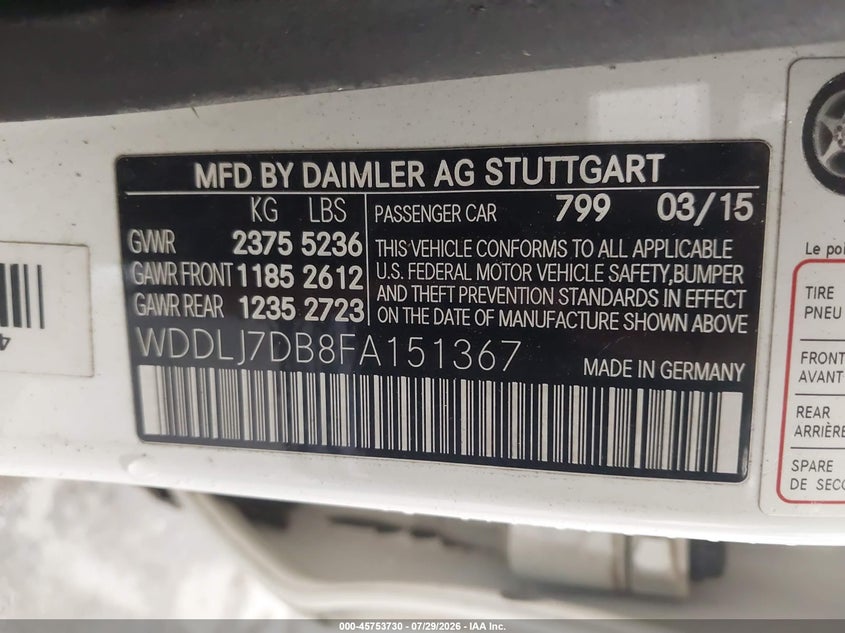 2015 Mercedes-benz Cls-klasse VIN WDDLJ7DB8FA151367 IAAI salvage auction — SIDE, Wait Title, sold $1,150 on 2026-08-12 (photo 9)