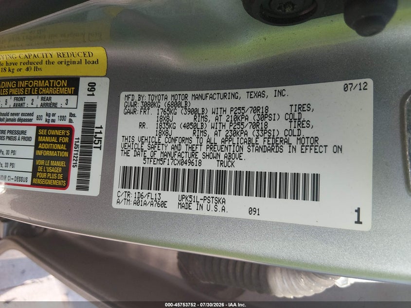 2012 Toyota Tundra VIN 5TFEM5F17CX049618 IAAI salvage auction — RIGHT FRONT, Wait Title, sold $8,600 on 2026-08-21 (photo 9)