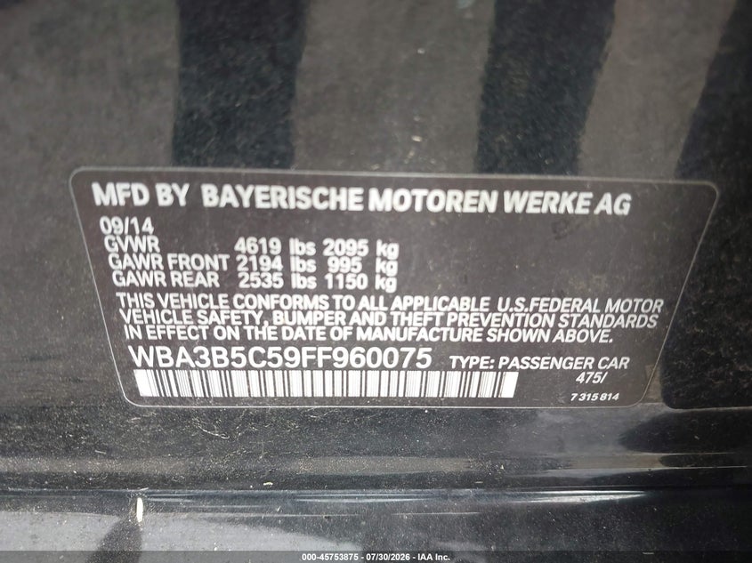2015 BMW 3er VIN WBA3B5C59FF960075 IAAI salvage auction — ROOF, Wait Title, sold $1,500 on 2026-08-21 (photo 9)
