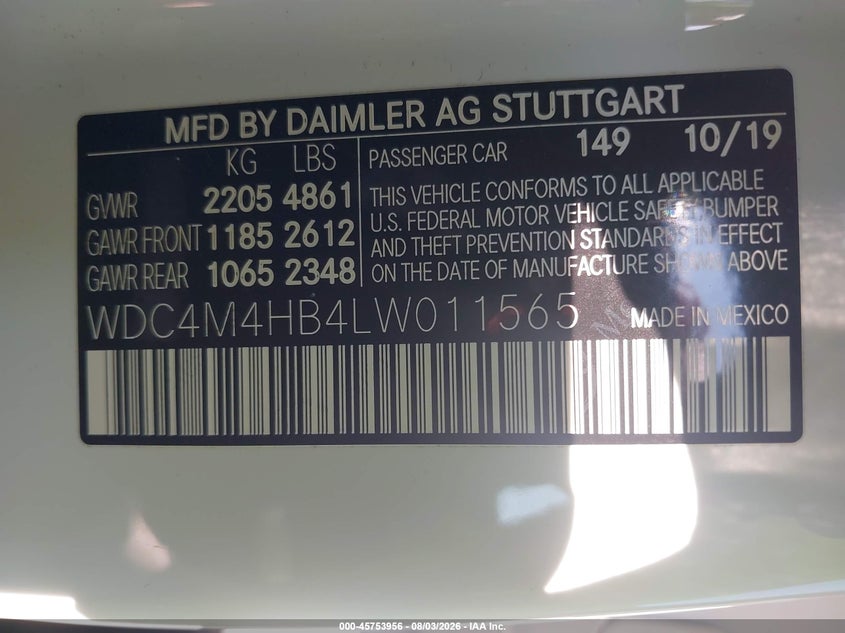 2020 Mercedes-benz Glb VIN WDC4M4HB4LW011565 IAAI salvage auction — NORMAL WEAR, Clear (Michigan), sold $10,600 on 2026-08-13 (photo 9)