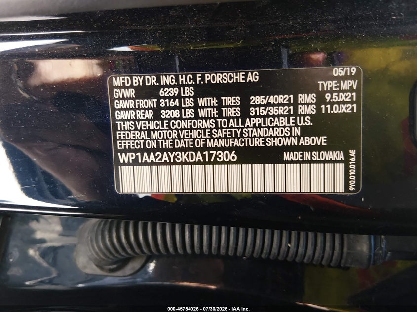 2019 Porsche Cayenne VIN WP1AA2AY3KDA17306 IAAI salvage auction — FRONT END, Salvage (California), sold $14,700 on 2026-08-07 (photo 9)