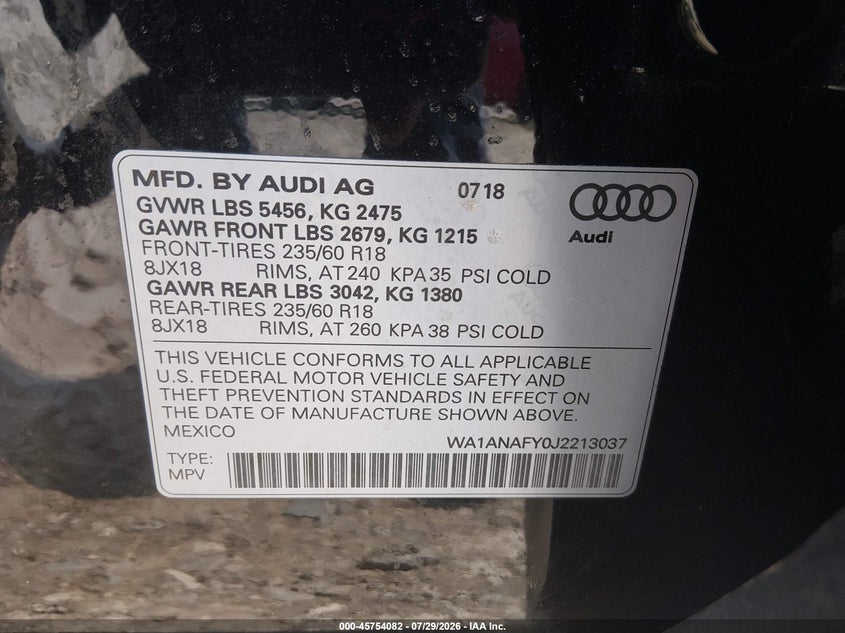 2018 Audi Q5 VIN WA1ANAFY0J2213037 IAAI salvage auction — ENGINE DAMAGE, Clear (Georgia), sold $6,400 on 2026-08-02 (photo 9)