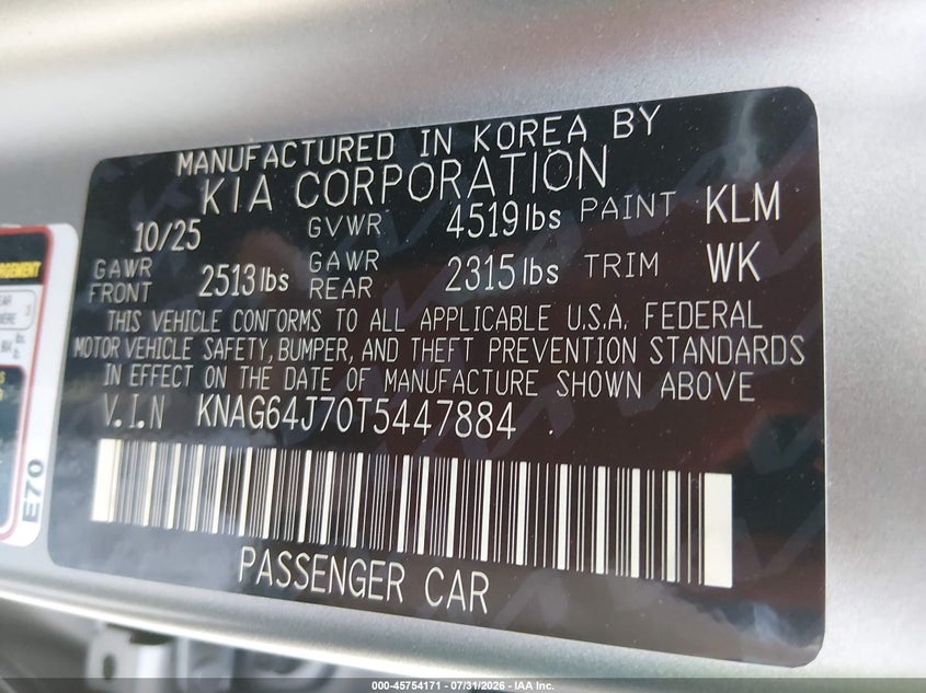 2026 Kia K5 VIN KNAG64J70T5447884 IAAI salvage auction — RIGHT SIDE, Wait Title, sold $7,800 on 2026-09-01 (photo 9)