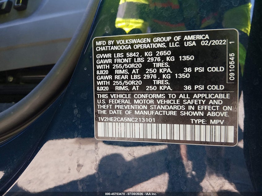 2022 Volkswagen Atlas cross sport VIN 1V2HE2CA5NC213101 IAAI salvage auction — FRONT END, Salvage Title, sold $7,850 on 2026-08-19 (photo 9)