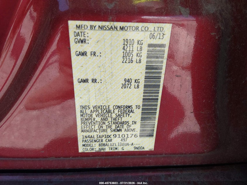 2013 Nissan Altima VIN 1N4AL3AP1DC910176 IAAI salvage auction — REAR END, Salvage Title, sold $25 on 2026-08-27 (photo 9)