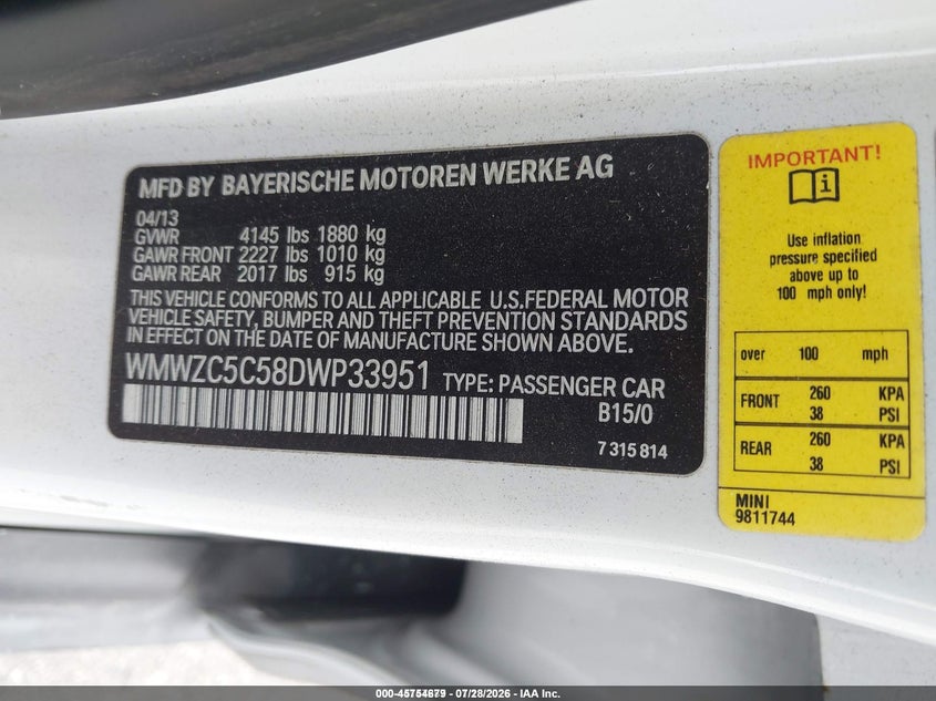 2013 Mini Countryman VIN WMWZC5C58DWP33951 IAAI salvage auction — UNKNOWN, Clear (Florida), sold $975 on 2026-08-04 (photo 9)