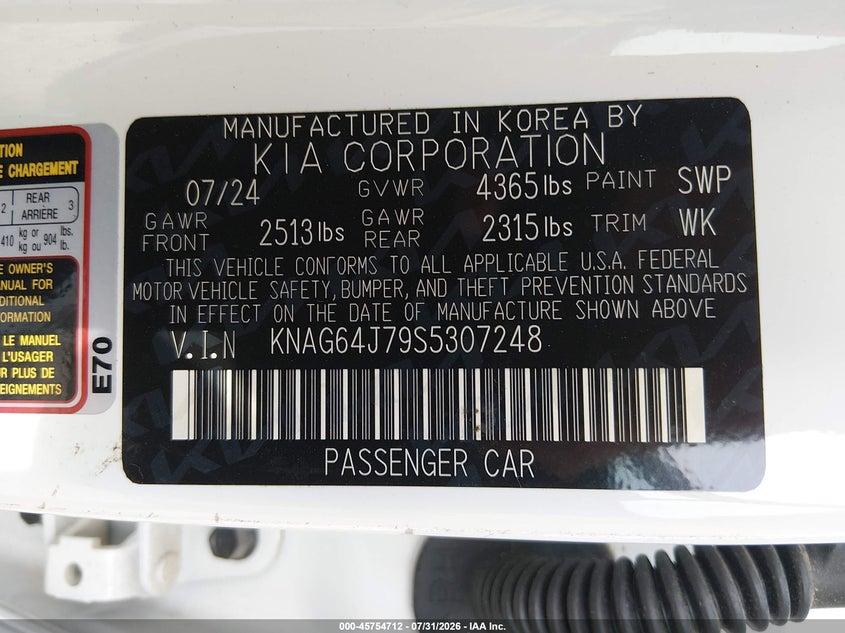 2025 Kia K5 VIN KNAG64J79S5307248 IAAI salvage auction — FRONT END, Wait Title, sold $9,100 on 2026-08-29 (photo 9)