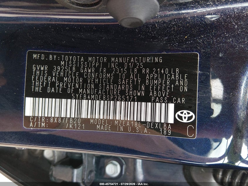 2025 Toyota Corolla VIN 5YFB4MDE8SP265171 IAAI salvage auction — REAR END, Enterprise Vehicles Clear Only (Florida), sold $10,200 on 2026-08-01 (photo 9)