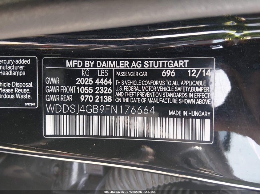 2015 Mercedes-benz Cla-klasse VIN WDDSJ4GB9FN176664 IAAI salvage auction — LEFT FRONT, Repossession Paperwork (Georgia), sold $4,575 on 2026-08-05 (photo 9)
