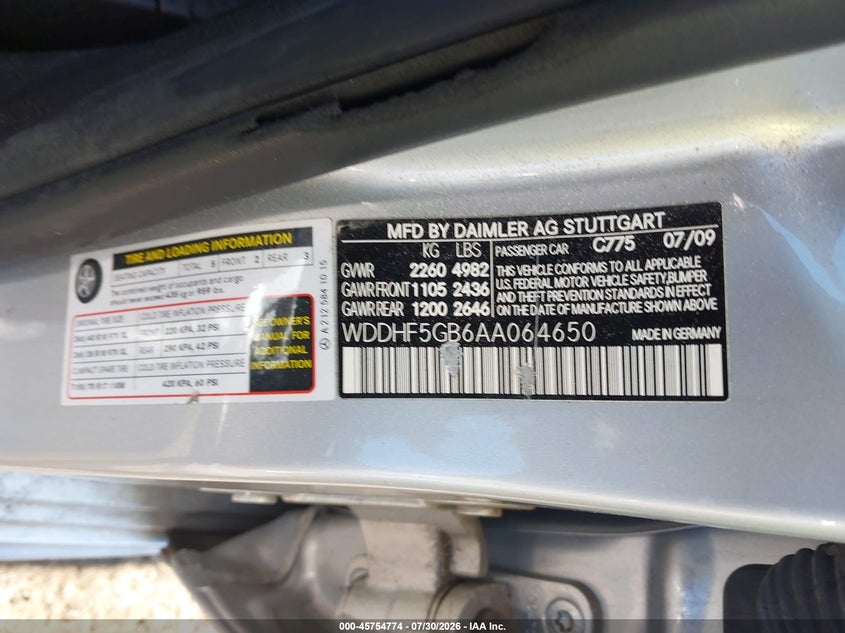 2010 Mercedes-benz E-class VIN WDDHF5GB6AA064650 IAAI salvage auction — RIGHT FRONT, Salvage (North Carolina), sold $725 on 2026-08-13 (photo 9)